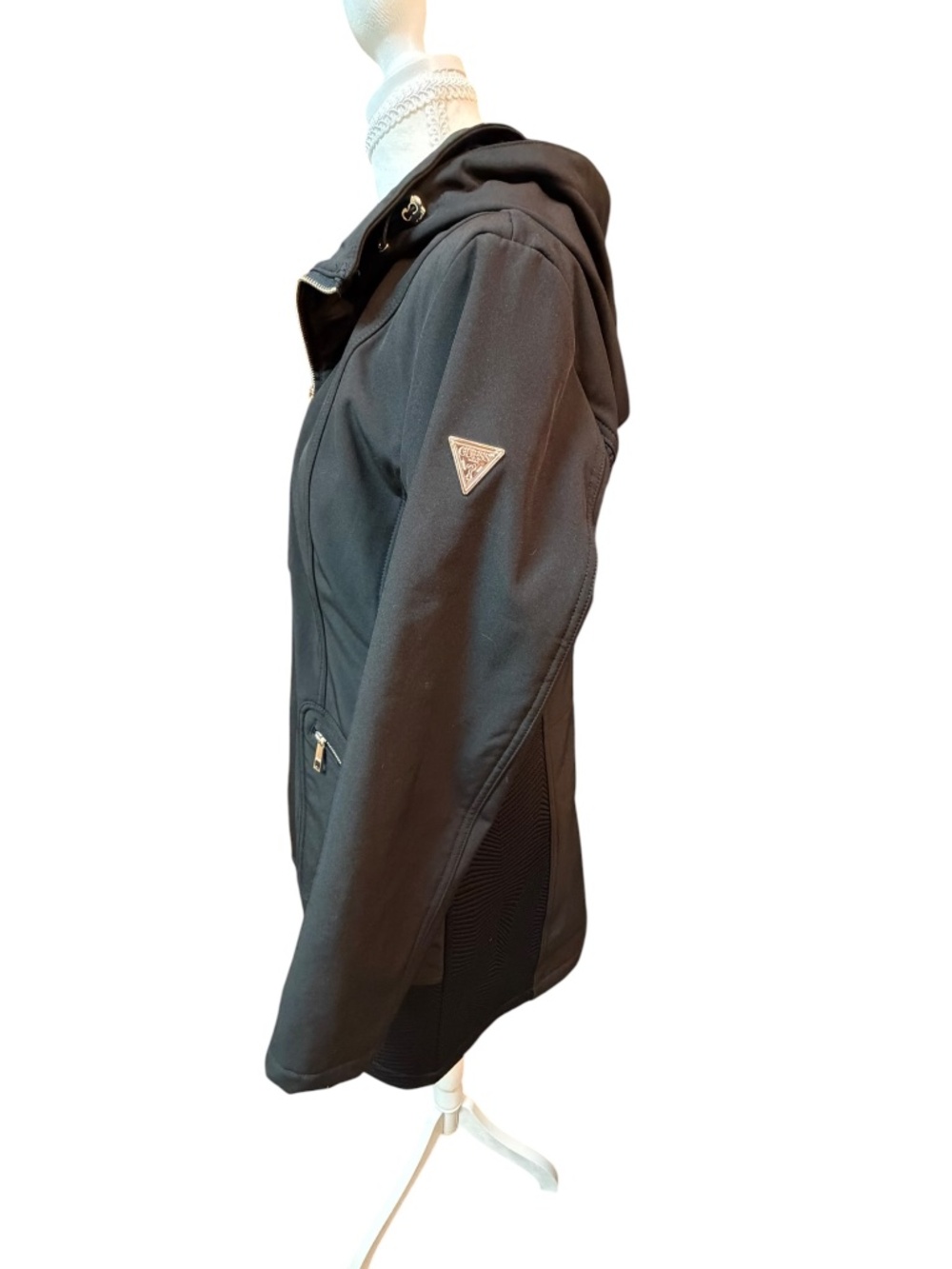 Guess Black Hooded Softshell Coat Gold Zipper Womens Large - Picture 7 of 8
